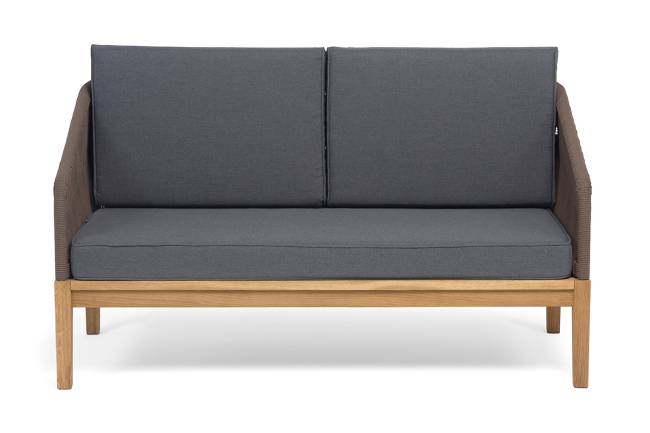 "Канны" диван 2-местный плетеный из роупа, основание дуб, роуп коричневый круглый, ткань темно-серая 027 NEW