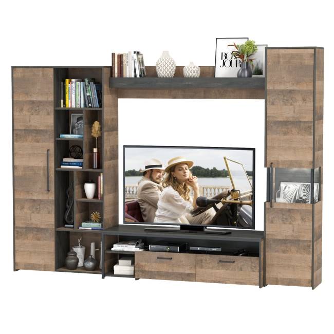 Стенка для гостиной в лофт стиле Трувор № 19 цвет дуб гранж песочный/интра Стенка для гостиной в лофт стиле Трувор № 19 цвет дуб гранж песочный/интра