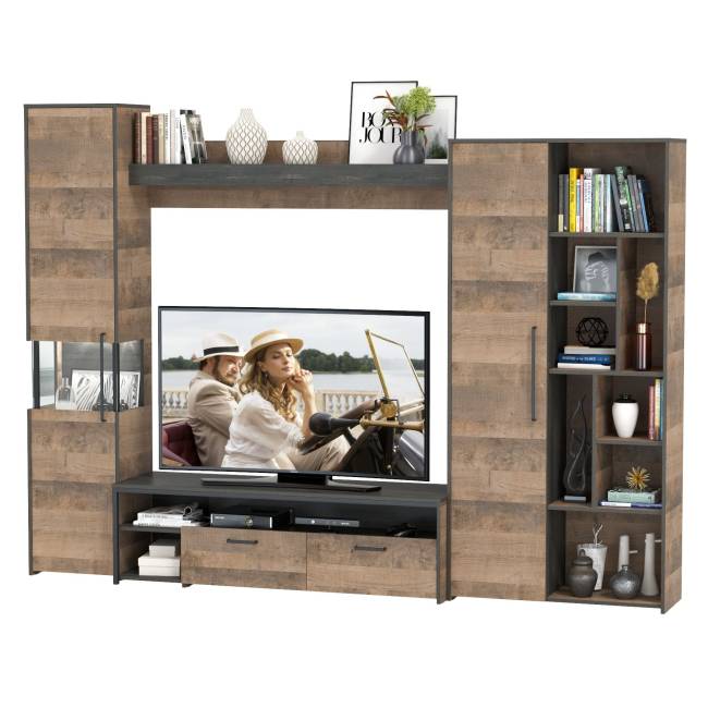 Стенка для гостиной в лофт стиле Трувор № 19 цвет дуб гранж песочный/интра Стенка для гостиной в лофт стиле Трувор № 19 цвет дуб гранж песочный/интра