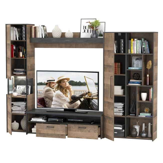 Стенка для гостиной в лофт стиле Трувор № 19 цвет дуб гранж песочный/интра Стенка для гостиной в лофт стиле Трувор № 19 цвет дуб гранж песочный/интра