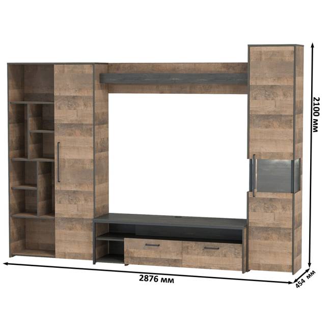 Стенка для гостиной в лофт стиле Трувор № 19 цвет дуб гранж песочный/интра Стенка для гостиной в лофт стиле Трувор № 19 цвет дуб гранж песочный/интра