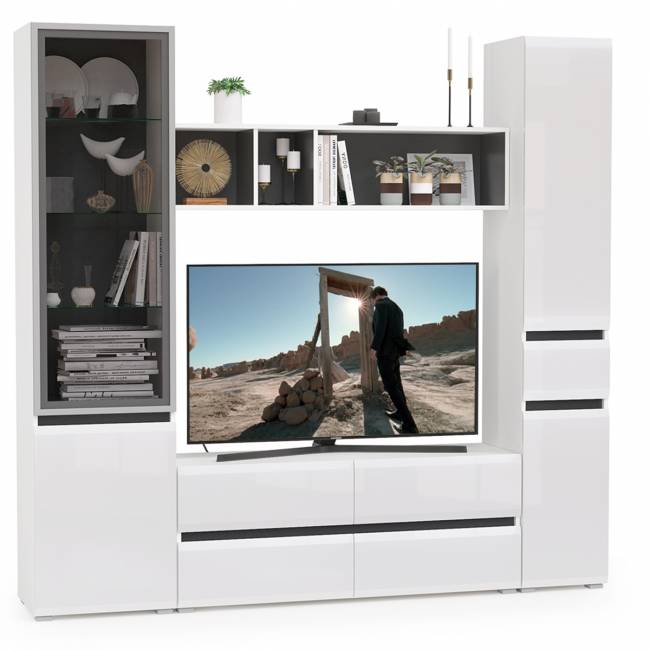 Стенка для гостиной Сидней Комплектация № 23 цвет белый/чёрный/фасады МДФ белый глянец Стенка для гостиной Сидней Комплектация № 23 цвет белый/чёрный/фасады МДФ белый глянец