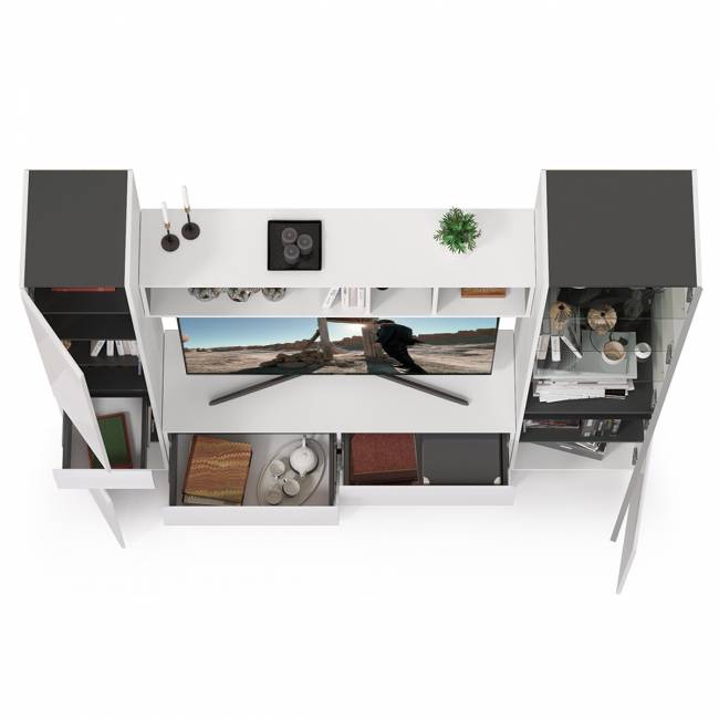 Стенка для гостиной Сидней Комплектация № 23 цвет белый/чёрный/фасады МДФ белый глянец Стенка для гостиной Сидней Комплектация № 23 цвет белый/чёрный/фасады МДФ белый глянец