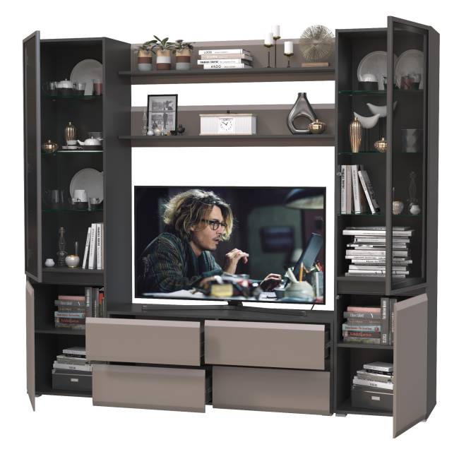 Два шкафа со стеклом Сидней и ТВ-тумба с двумя навесными полочками цвет антрацит/МДФ веллюто капучино
