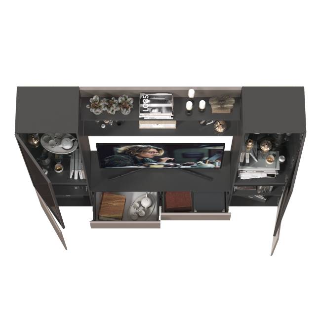 Два шкафа со стеклом Сидней и ТВ-тумба с двумя навесными полочками цвет антрацит/МДФ веллюто капучино