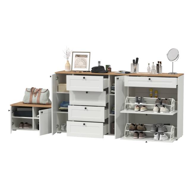 Комод с обувницей и тумбой Остин цвет белый шагрень/дуб крафт золотой