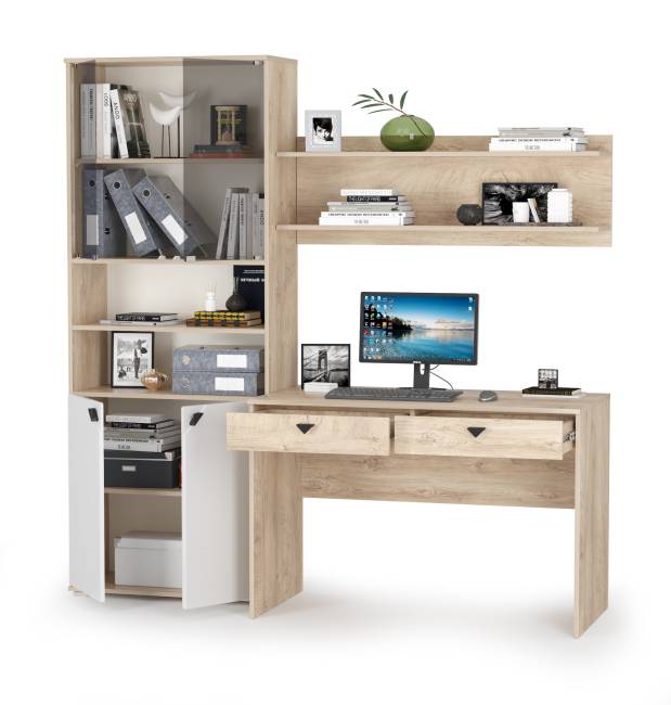 Рабочий стол с полкой и шкафом Бостон цвет дуб эндгрейн элегантный/фасады МДФ милк рикамо софт Рабочий стол с полкой и шкафом Бостон цвет дуб эндгрейн элегантный/фасады МДФ милк рикамо софт