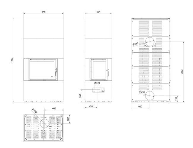 Каминокомплект Kratki PRO FLOKI NATURALI PIETRA DI SAVOIA ANTRANCITE BOCCIARDATA, угловое стекло слева